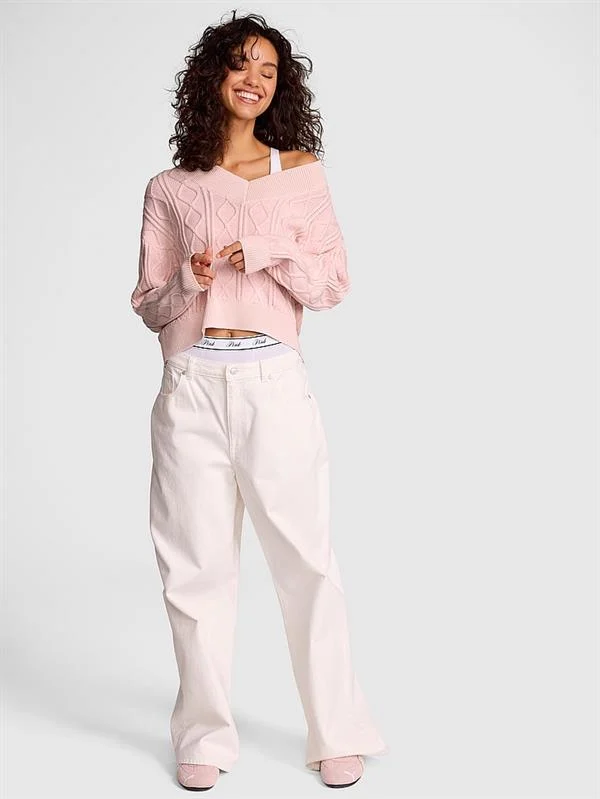 Pink Oversize V Yaka Orgu Kazak