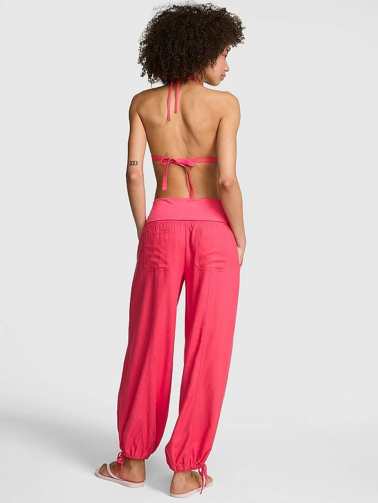 Pink Katlanabilir Belli Keten Esofman Alti arka görünümü