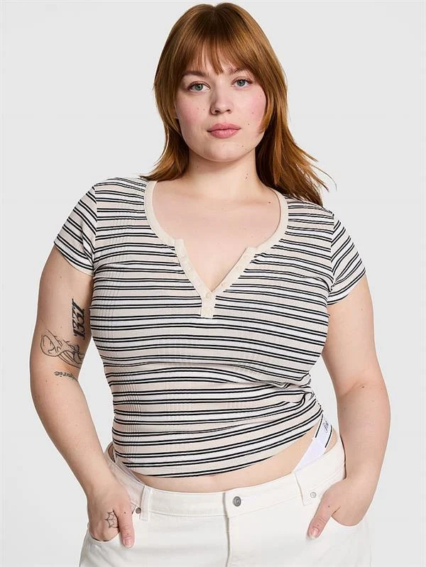 Pink Ribanali Henley Tisort ön görünüm