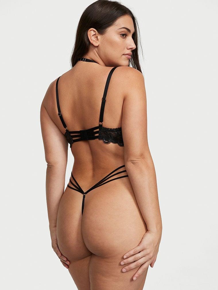 Işıltılı Kalp Islemeli Acik Kap Askili Crotchless Playsuit arka görünümü