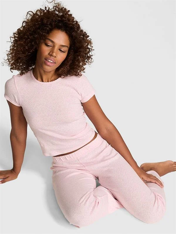 Pink Pointelle Tisortlu Pijama Takimi ön görünüm