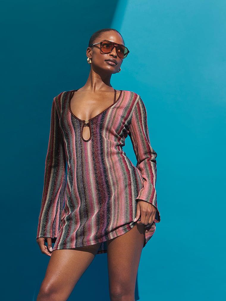 Beachwear Işıltılı Triko Uzun Kollu Mini Elbise arka görünüm