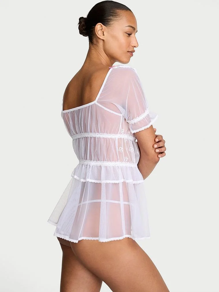 Kelebek Islemeli Tul Babydoll Takimi arka görünüm