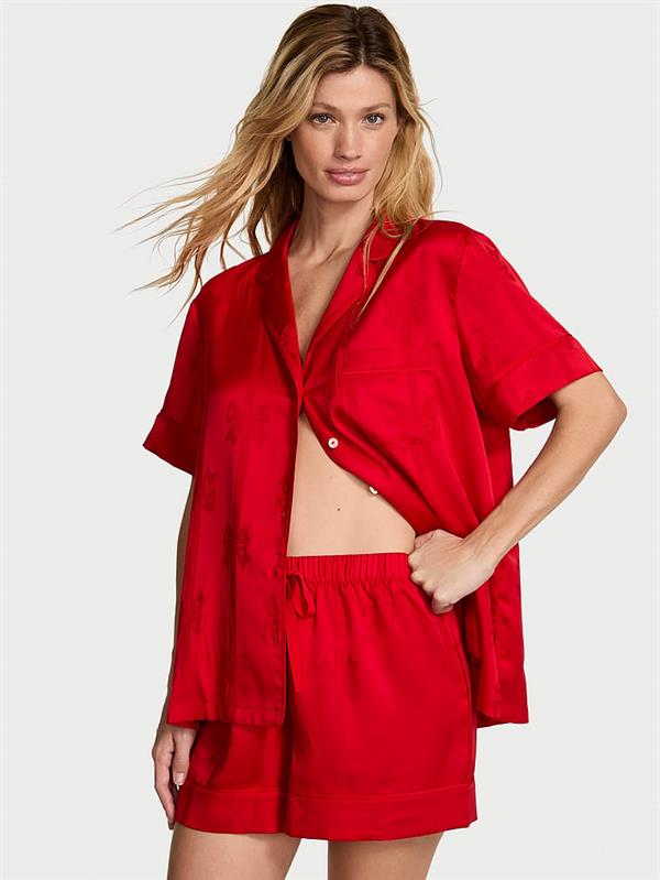 Glazed Saten Fiyonklu Sortlu Pijama Takimi