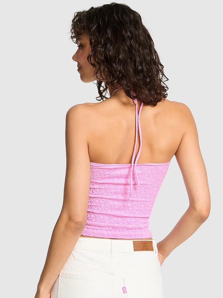 Pink Cicek Desenli Jakarli Dekolte Yaka Halter Ust arka görünüm
