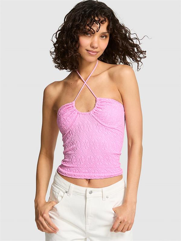 Pink Cicek Desenli Jakarli Dekolte Yaka Halter Ust