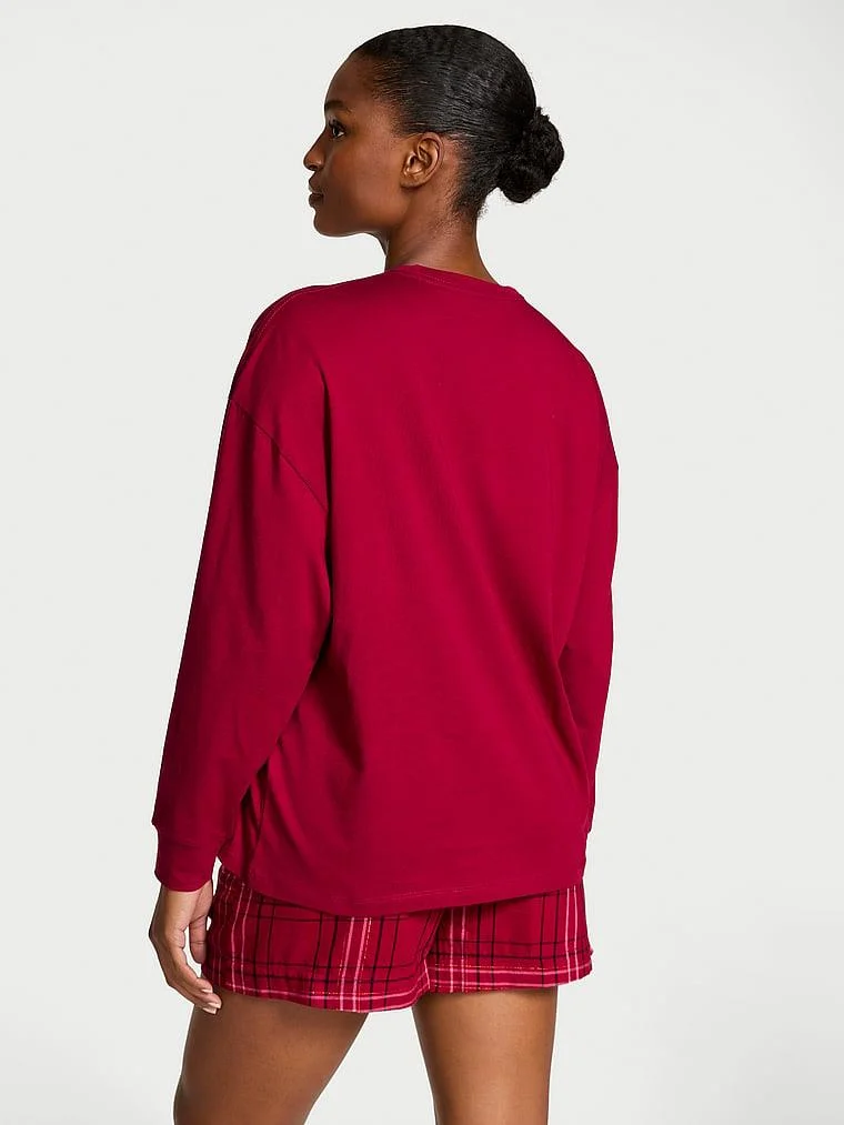 Uzun Kollu Tisort Sort Flannel Pijama Takimi arka görünüm