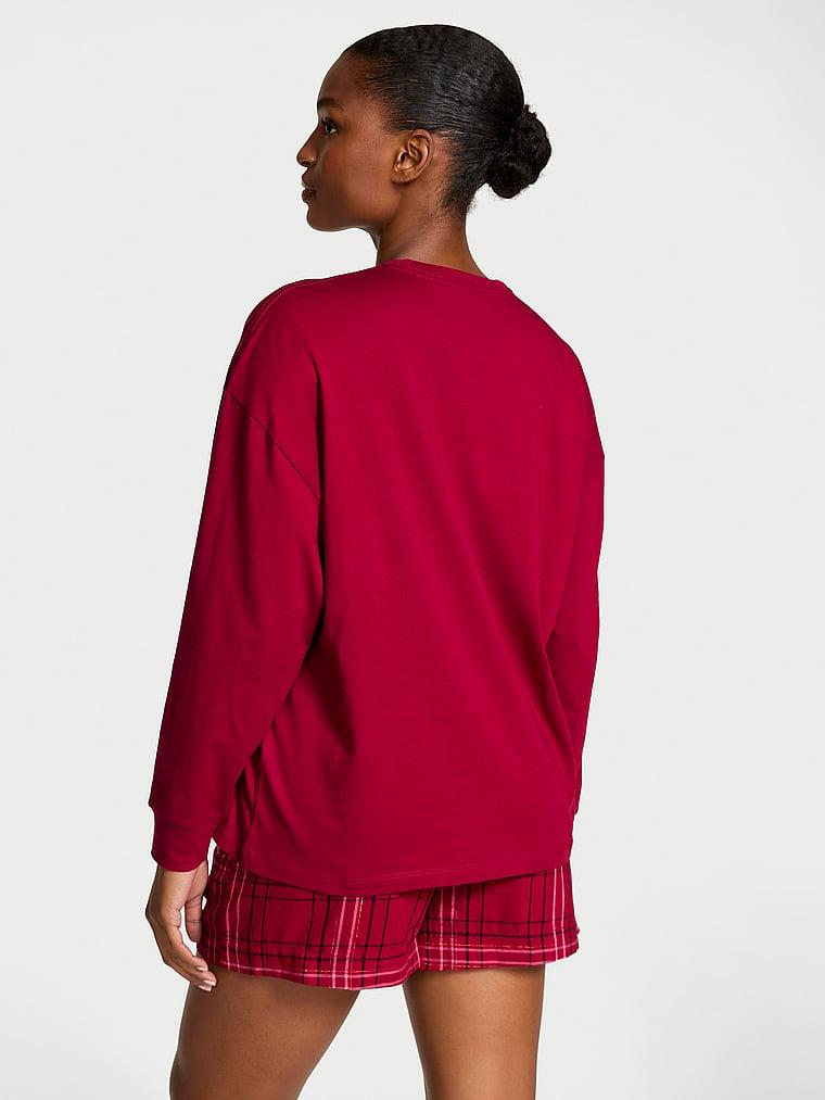 Uzun Kollu Tisort Sort Flannel Pijama Takimi arka görünümü
