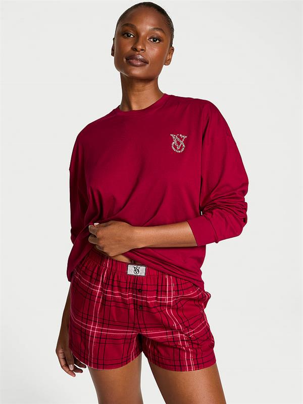 Uzun Kollu Tisort Sort Flannel Pijama Takimi