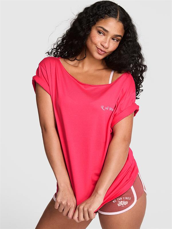 Pink Pamuklu Omzu Acik Tisort