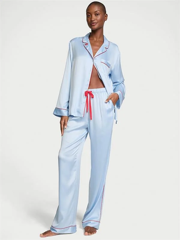 Victorias Secret Fashion Show 24 Parlak Saten Uzun Pijama Takimi ön görünüm
