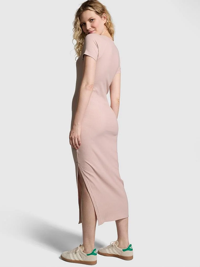 Pink Kısa Kollu Ribanali Midi Elbise arka görünüm