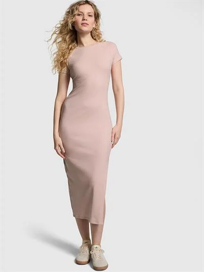 Pink Kısa Kollu Ribanali Midi Elbise ön görünüm