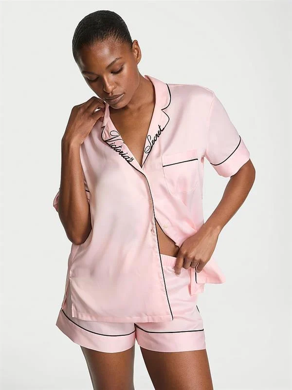 Glazed Saten Sortlu Pijama Takimi ön görünüm