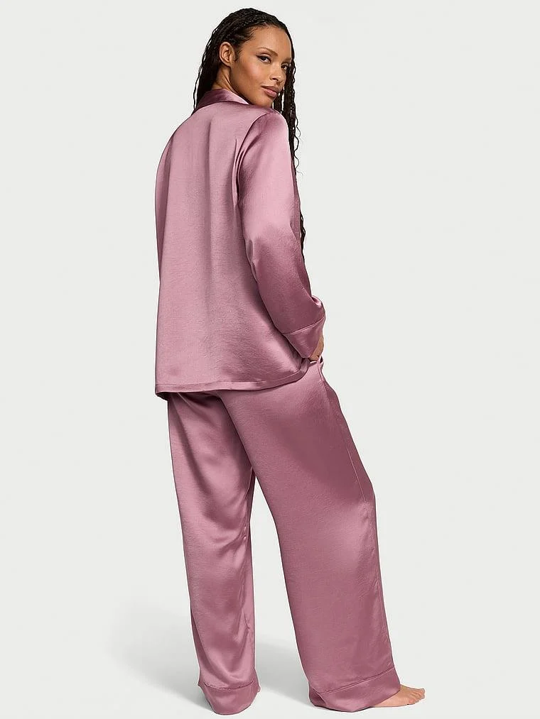 Luks Saten Kruvaze Uzun Pijama Takimi arka görünüm