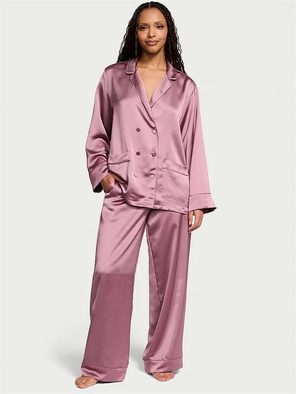 Luks Saten Kruvaze Uzun Pijama Takimi ön görünüm