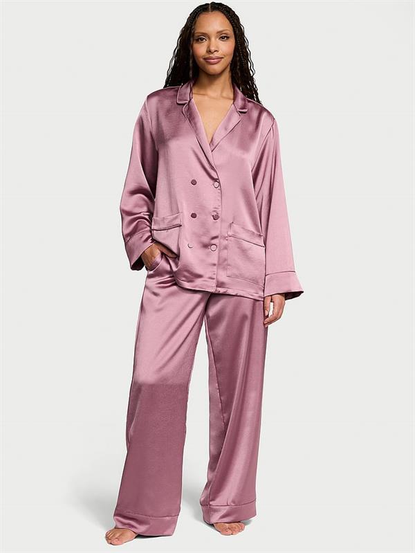 Luks Saten Kruvaze Uzun Pijama Takimi