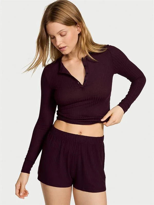 Modal Dokulu Uzun Kollu Sortlu Pijama Takimi ön görünüm