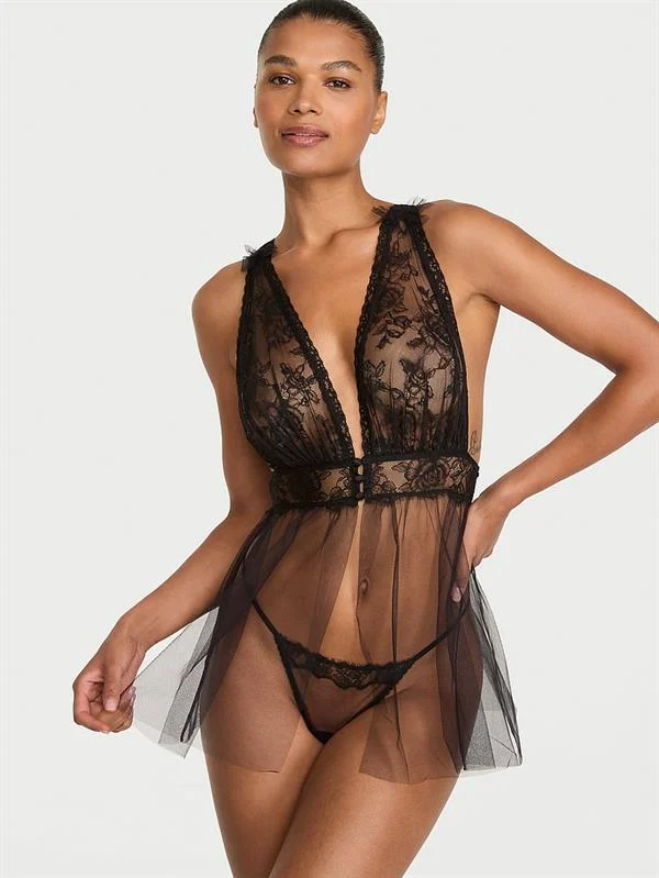 Gul Dantelli Dekolteli Babydoll Takimi ön görünüm
