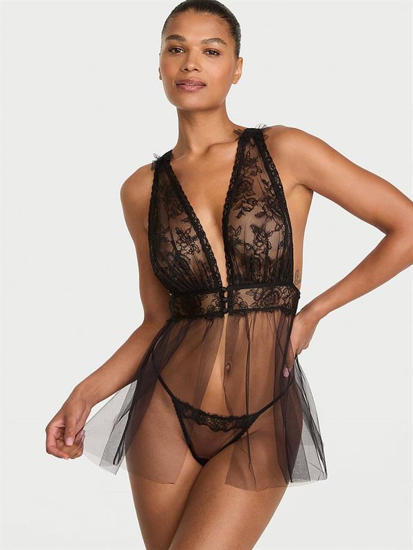 Gul Dantelli Dekolteli Babydoll Takimi
