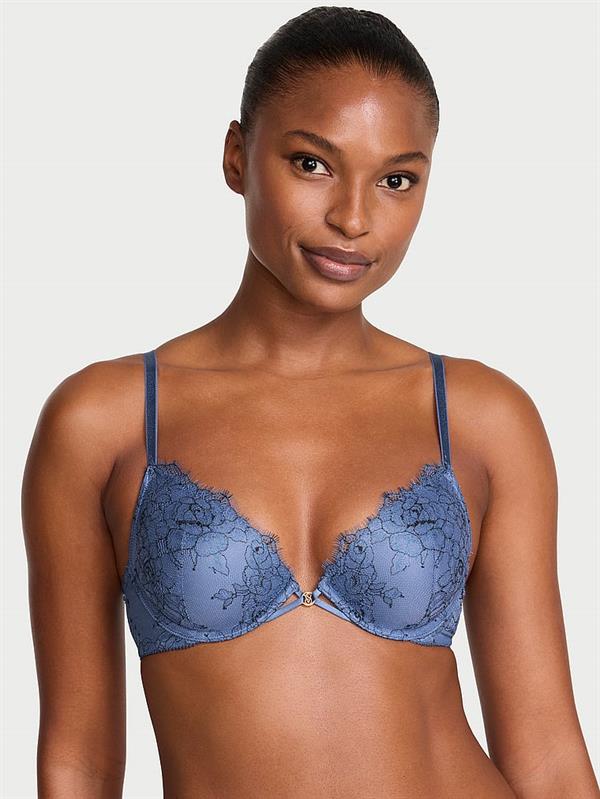 Denim Dantelli Hafif Dolgu Destekli Dekolteli Demi Sütyen ön görünüm