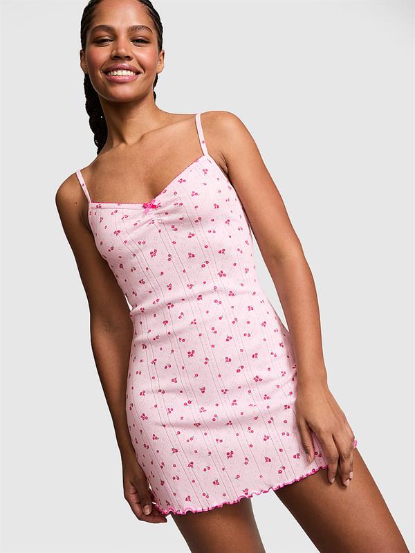 Pink Pointelle Kalp Yaka Askili Gecelik