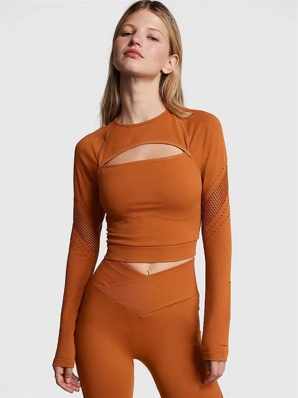 Pink Seamless Uzun Kollu Crop Ust