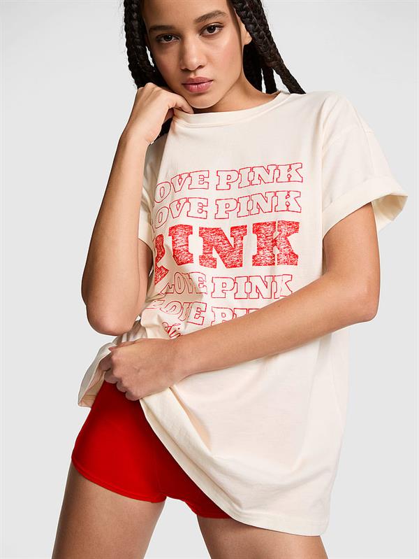 Pink Oversize Kısa Kollu Kampus Tisort ön görünüm