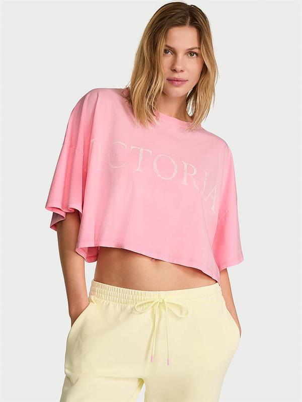 Logolu Pamuklu Oversize Crop Tisort