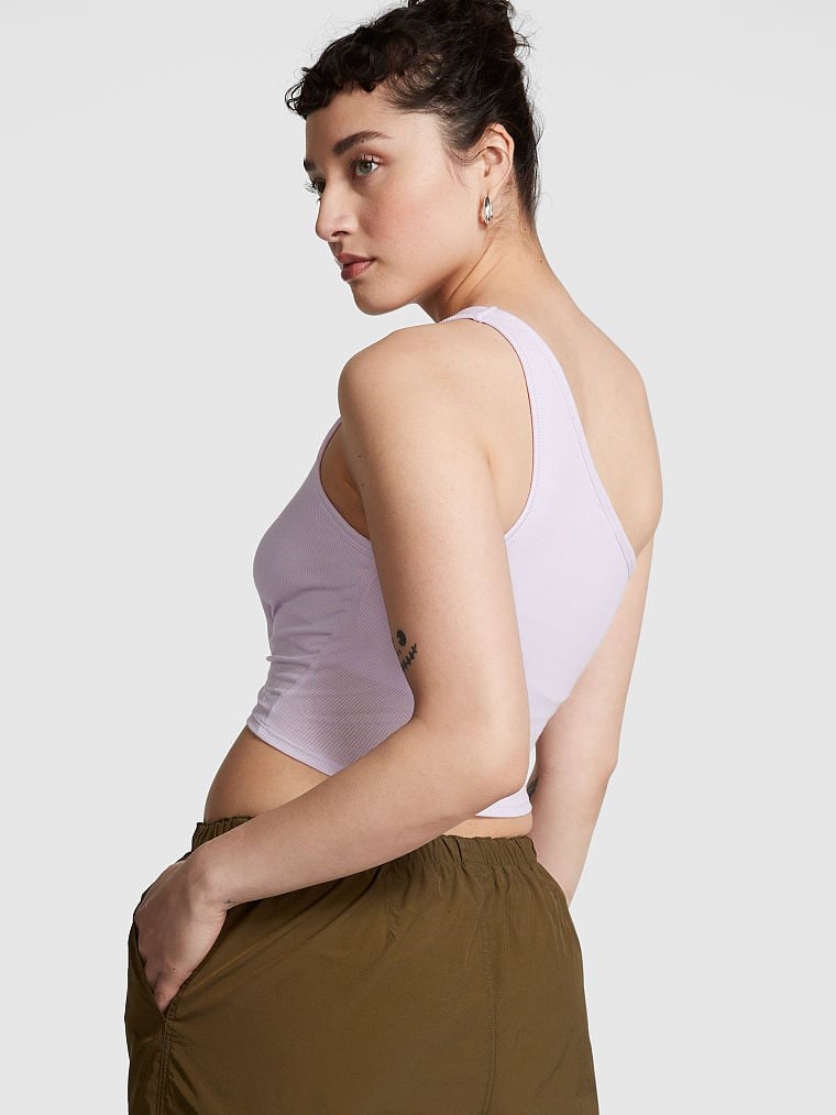 Pink Rib One Shoulder Crop Tank Top arka görünümü