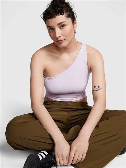Pink Rib One Shoulder Crop Tank Top