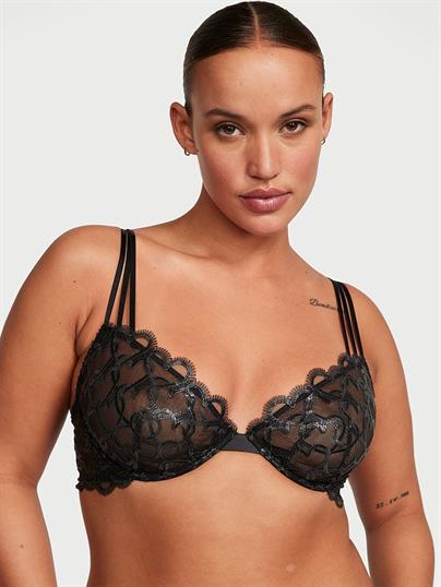 Işıltılı Kalp Islemeli Low Cut Demi Sütyen