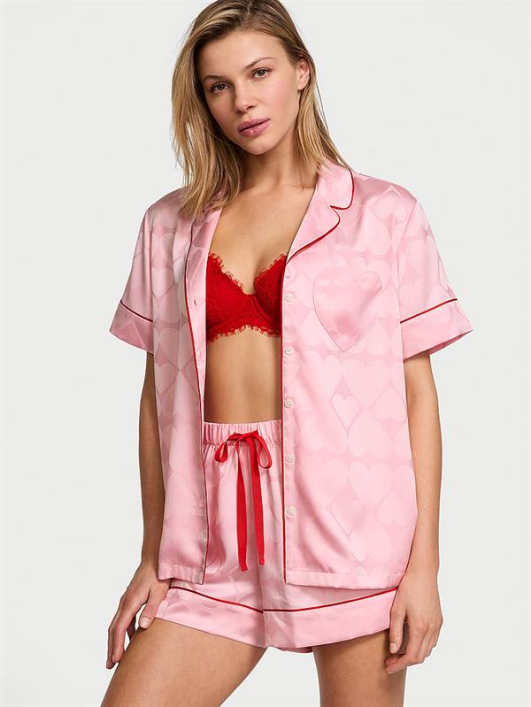 Glazed Saten Sortlu Kalpli Pijama Takimi ön görünüm