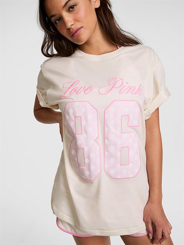Pink Oversize Kısa Kollu Kampus Tisort ön görünüm