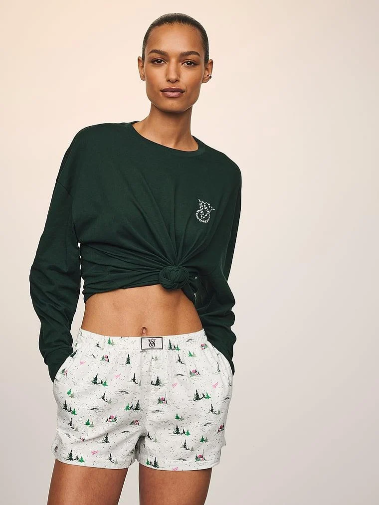 Flanel Uzun Kollu Tisort Ve Sortlu Pijama Takimi arka görünüm