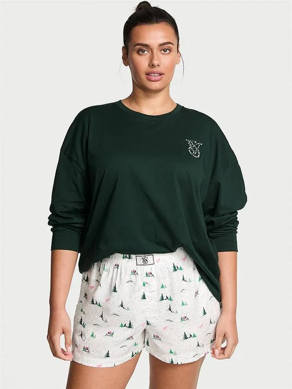 Flanel Uzun Kollu Tisort Ve Sortlu Pijama Takimi