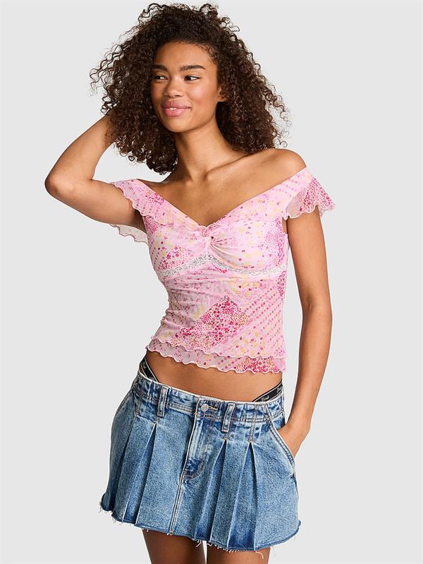 Pink Omuzlari Acik Fırfırlı Ust