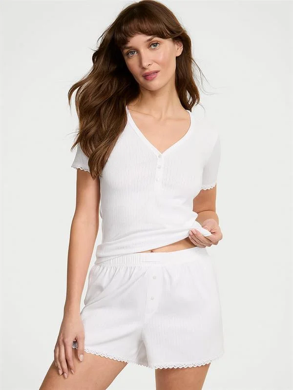 Pointelle Modal Henley Tisort Ve Boxer Sort Takimi