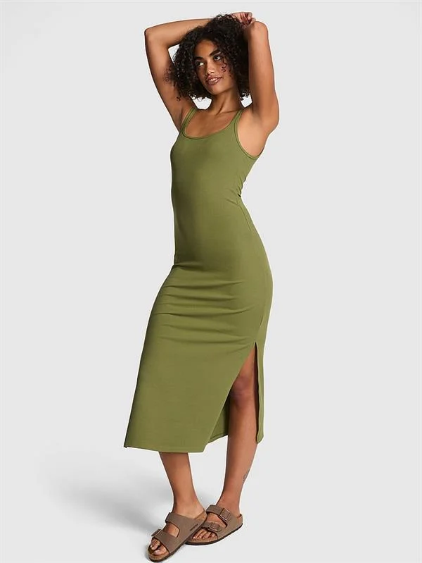 Pink All Day Soft Ribbed Bodycon Midi Dress ön görünüm