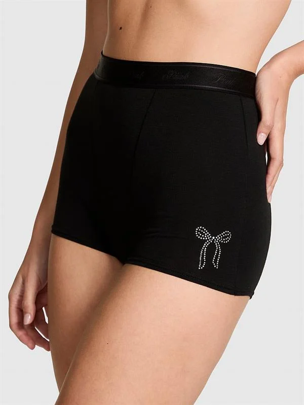 Pink Logolu Pamuklu Yüksek Bel Boyshort Kulot ön görünüm
