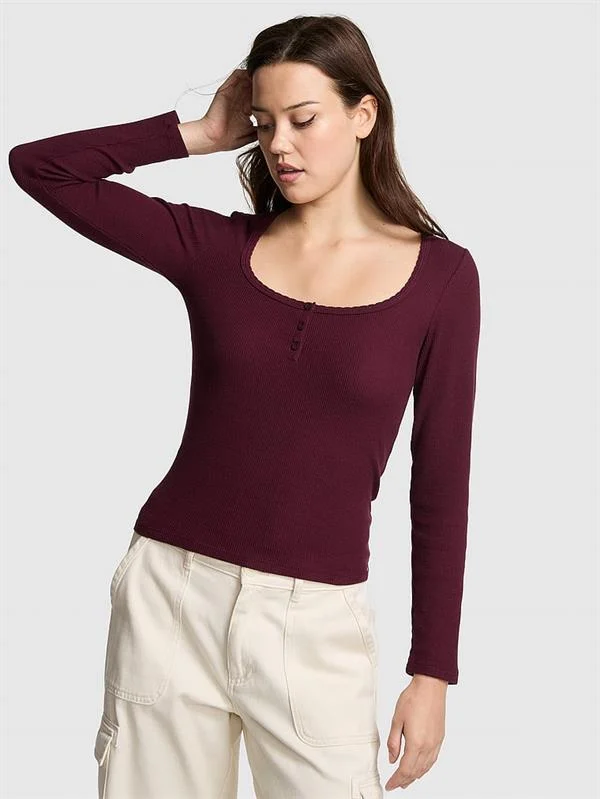 Pink Termal Henley Pijama Ustu ön görünüm