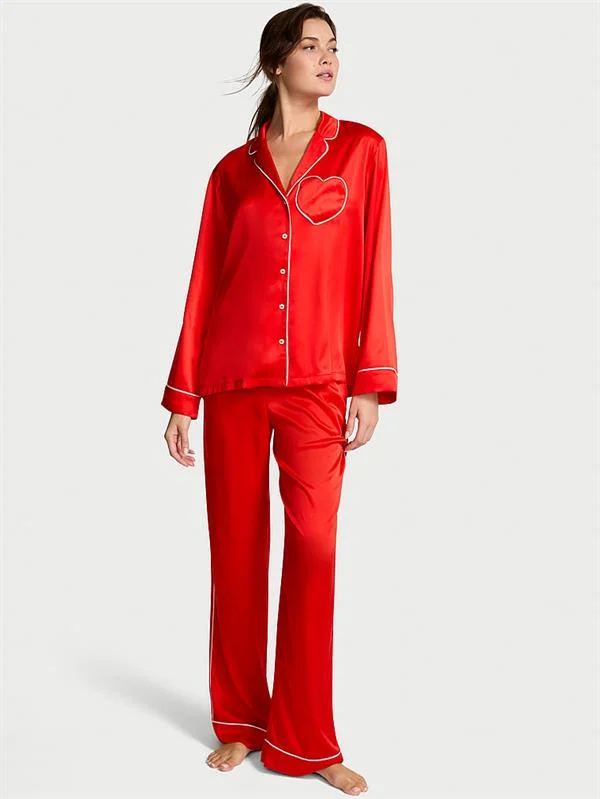Kalp Detayli Glazed Saten Pijama Takimi