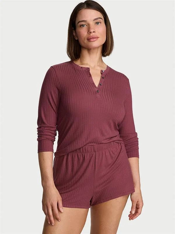 Modal Dokulu Uzun Kollu Sortlu Pijama Takimi ön görünüm