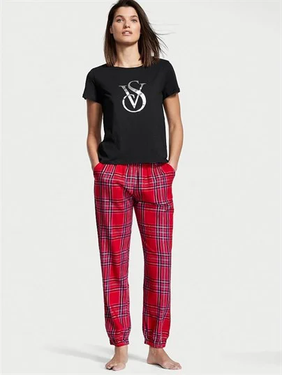 Victorias Secret Flanel Jogger Tee Jama ön görünüm