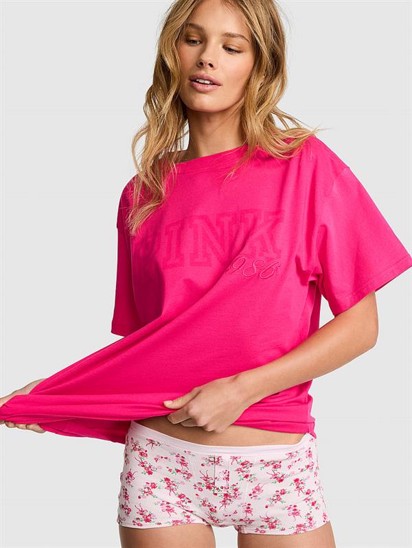 Pink Oversize Kısa Kollu Kampus Tisort