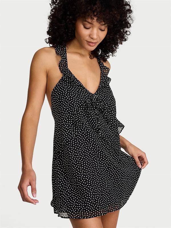 Sifon Puantiyeli Fırfırlı Mini Elbise ön görünüm