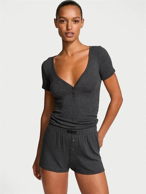 Modal Kısa Kollu Henley Tisort Boxer Sort Takim ön görünüm