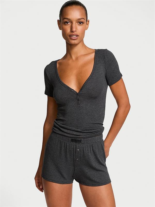 Modal Kısa Kollu Henley Tisort Boxer Sort Takim