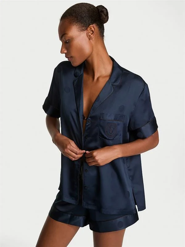 Glazed Saten Sortlu Pijama Takimi