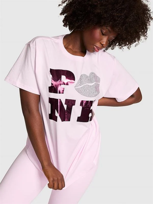 Pink Oversize Kısa Kollu Kampus Tisort ön görünüm